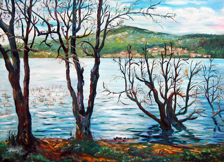 Abant gölü. Duralit üzerine yağlıboya
40x50cm. 
Tuzla Belediyesi Sanat Galerisi koleksiyonu
